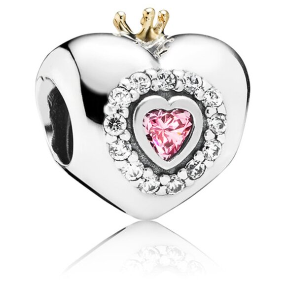PANDORA Princess Heart Charm Authentic Silver 14K Gold Crown Pink Zirconia Love - Picture 1 of 13